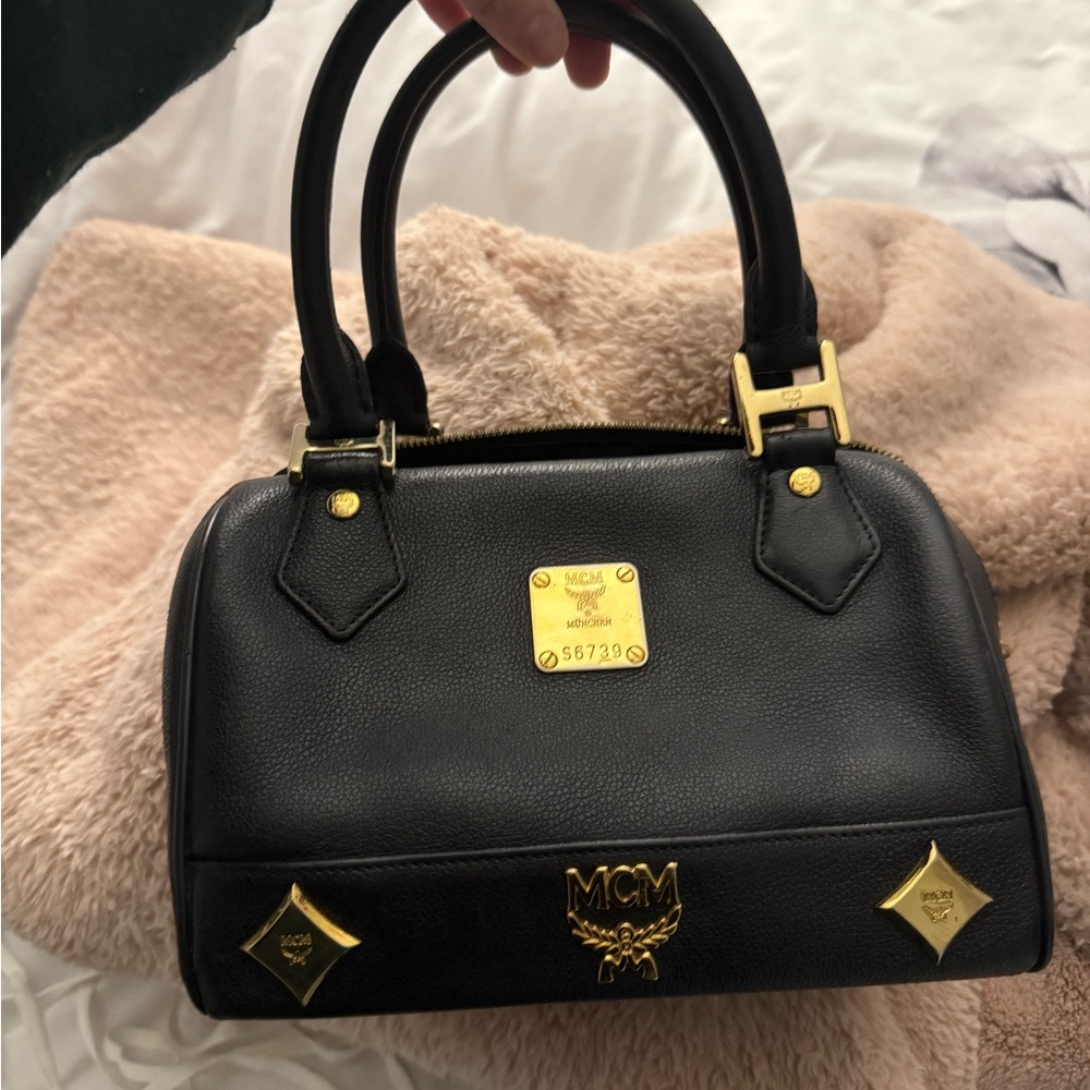MCM Black Satchel with Gold Details